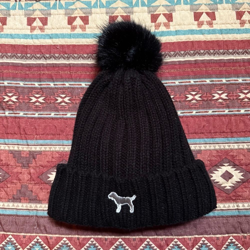 Victoria's Secret Black Knit Beanie with Pom-Pom